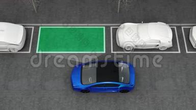 蓝色电动车驶入停车场，通过停车辅助系统导航